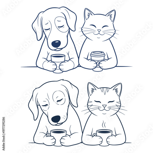 Charming sketch of a dog and cat enjoying coffee together repeated twice