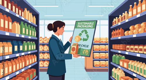 Woman Examining Sustainable Packaging in Grocery Store.