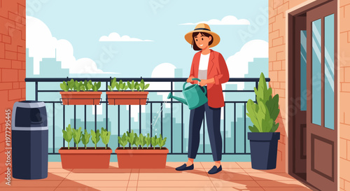 Woman Gardening on Balcony with Plants.