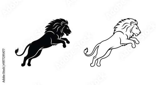 Lion Leaping Art: Bold Black and White Designs Vector