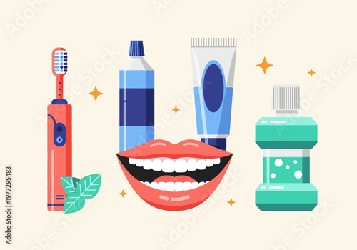 Flat Illustration of Dental Care Essentials: Electric Toothbrush, Toothpaste, Mouthwash, and a Healthy White Smile