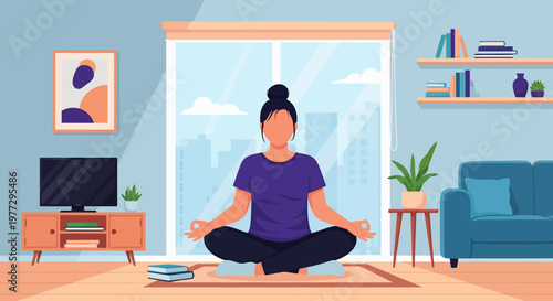 Woman Meditating in Lotus Position at Home.