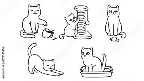 Cats playing with toys, stretching, and using litter box, illustrated in simple black and white cartoon style