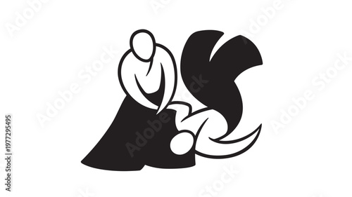 Figures in dynamic motion, illustrating martial arts or a symbolic struggle with abstract forms representing force and movement.