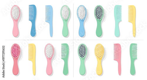Collection of colorful baby hairbrushes and combs on a white background.