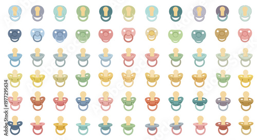 Collection of colorful baby pacifiers in various shades and designs, arranged in a grid pattern.