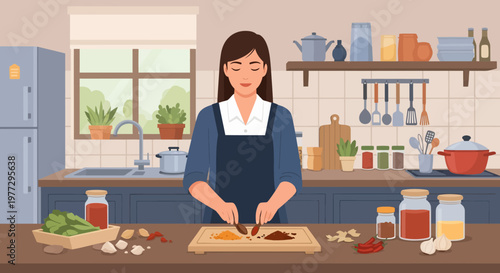 Woman Preparing Food in Modern Kitchen.
