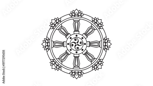 Wheel of Dharma symbol with eight spokes and lotus flowers, a sacred Buddhist icon representing the noble eightfold path and enlightenment.