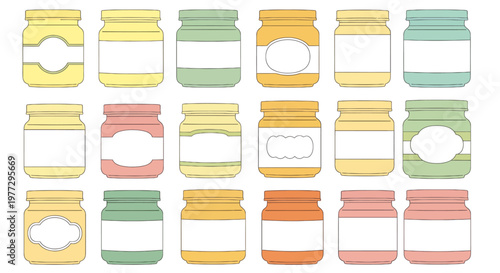 Collection of colorful jars with labels, perfect for preserving food and displaying various contents.