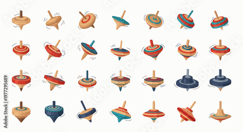 Collection of colorful spinning tops in various designs and styles.