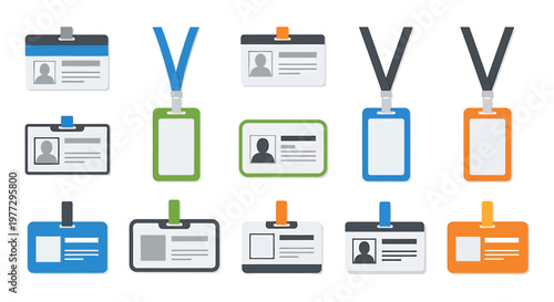Collection of various employee identification badges with different designs and colors for security and access control.