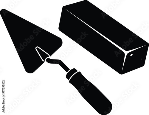 Black and white illustration of masonry tools trowel and brick