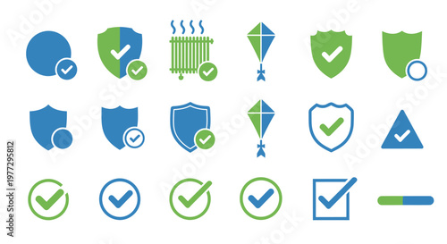 Collection of various safety and security icons with check marks, representing protection and assurance.