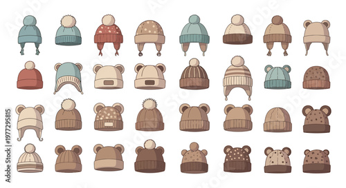 Collection of various knitted winter hats in different colors and styles for cold weather.