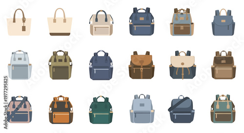 Collection of various stylish backpacks and bags for everyday use and travel purposes.