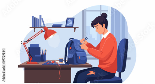 Woman Sitting at Desk with Backpack.