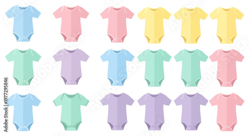 Colorful baby bodysuits in various pastel shades arranged in rows, isolated on white background.
