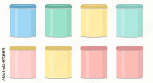 Colorful containers in various shades, perfect for storage and organization, isolated on white background.