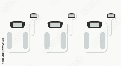 Three white digital bathroom scales arranged in a row, isolated on white background.