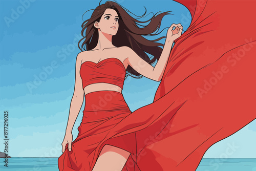 Woman in Red Dress at Seaside