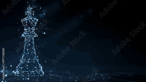 A single chess king piece is rendered as a glowing blue digital network against a dark background, representing strategic power.