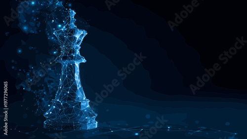 A chess king piece dissolves into a glowing blue digital particle network, symbolizing strategic dissolution or transformation.