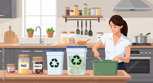 Woman Sorting Kitchen Waste for Recycling.