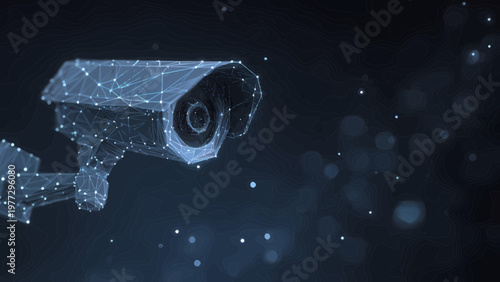 A digital surveillance security camera is depicted with a glowing polygonal mesh network overlay.