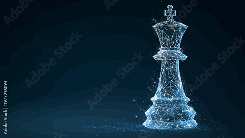 King chess piece constructed from a digital network of glowing blue lines and particles symbolizes strategic thinking and leadership in business or games.
