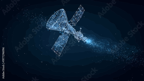 Satellite rendered as a wireframe digital network with glowing blue elements orbits in a dark space, signifying space exploration and satellite technology.