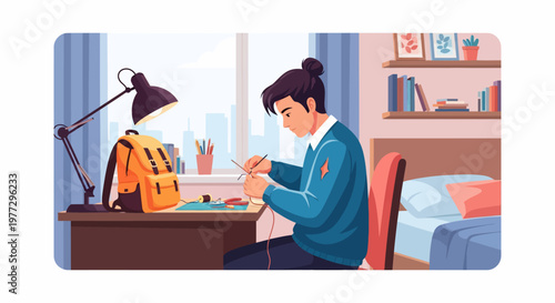 Young Student Studying at Desk with Backpack.