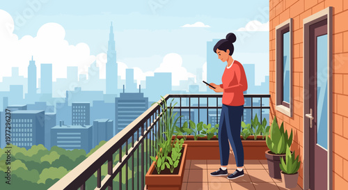 Woman Standing on Balcony with Tablet.