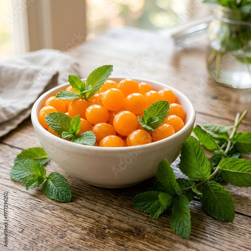 Fresh Orange Physalis Fruit in White Bowl with Green Mint Leaves on Rustic Wooden Table
