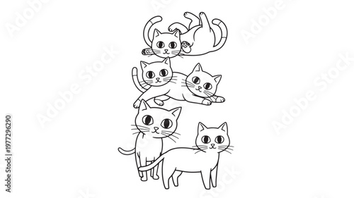 Cats playful cartoon style with outline drawing, illustrating adorable felines in various amusing poses and interactions on a clean background,