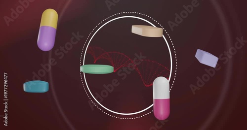 Animation of pills medication over dna strand spinning