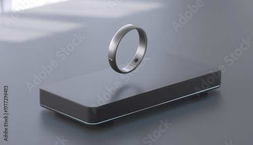Futuristic Smart Ring Levitating Above a Sleek Charging Base.