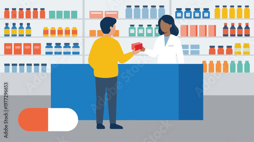 pharmacist serving customer at pharmacy counter.