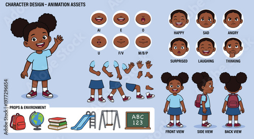 Character animation kit with a young black girl character, expressions, limbs, and school props