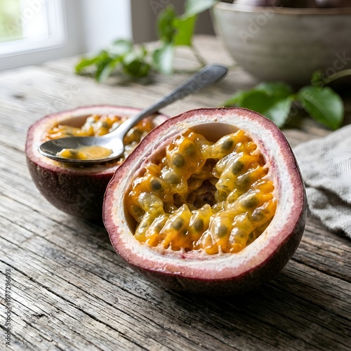 Fresh Passion Fruit Halves on Wooden Table with Spoon and Green Leaves