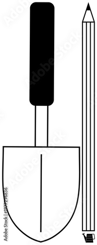 Creativity, design, writing, construction, gardening, dual-purpose tools. Black and white ion of a trowel and a pencil. Creativity and design reference in blending art and tools