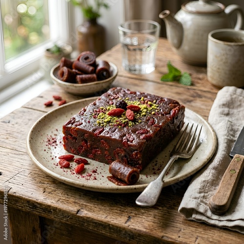 Delicious Chocolate Cake with Goji Berries and Pistachio Topping on a Wooden Table with a Fork and Knife
