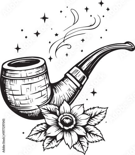 Black and white smoking pipe with flower vector illustration whimsical vintage artistic design