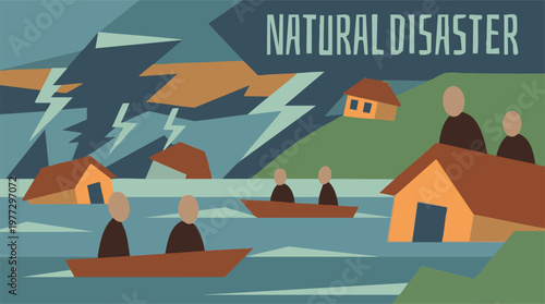 Natural Disaster flat design illustration of a flood with submerged houses