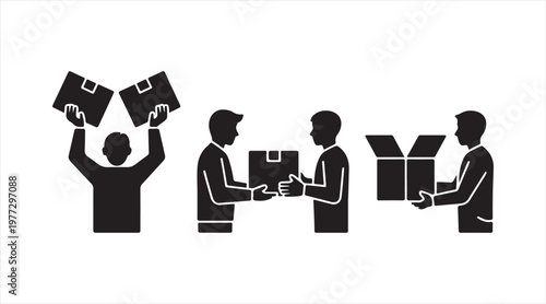 Collection of business teamwork icons with people exchanging documents, collaboration and workflow concepts in minimal vector style