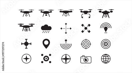 Collection of drone and navigation icons showing UAV control, GPS location, camera and wireless signal symbols in minimal vector style
