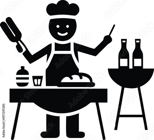 Outdoor barbecue party scene with grill master holding tongs and skewers at picnic buffet table.