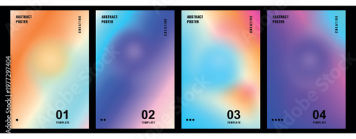 Abstract poster set with vibrant gradient backgrounds, collection of 4 colorful mesh covers, modern aesthetic flyer templates with soft blurry textures vector illustration