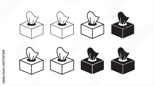 Collection of tissue box icons representing hygiene, napkin dispenser and paper tissue container in minimal vector style