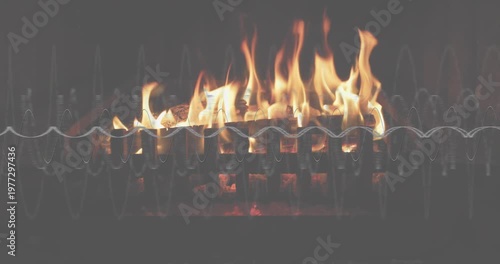 Embers smoldering on grate flickering flames growing logs, collapsing then reigniting fire dance