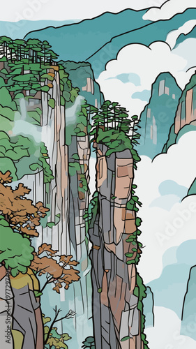 Stylized Illustration of Cliffside Forested Peaks